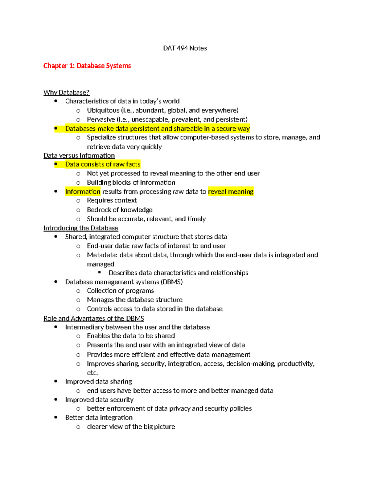 lecture 1 Notes - DAT 494 Notes Chapter 1: Database Systems Why ...