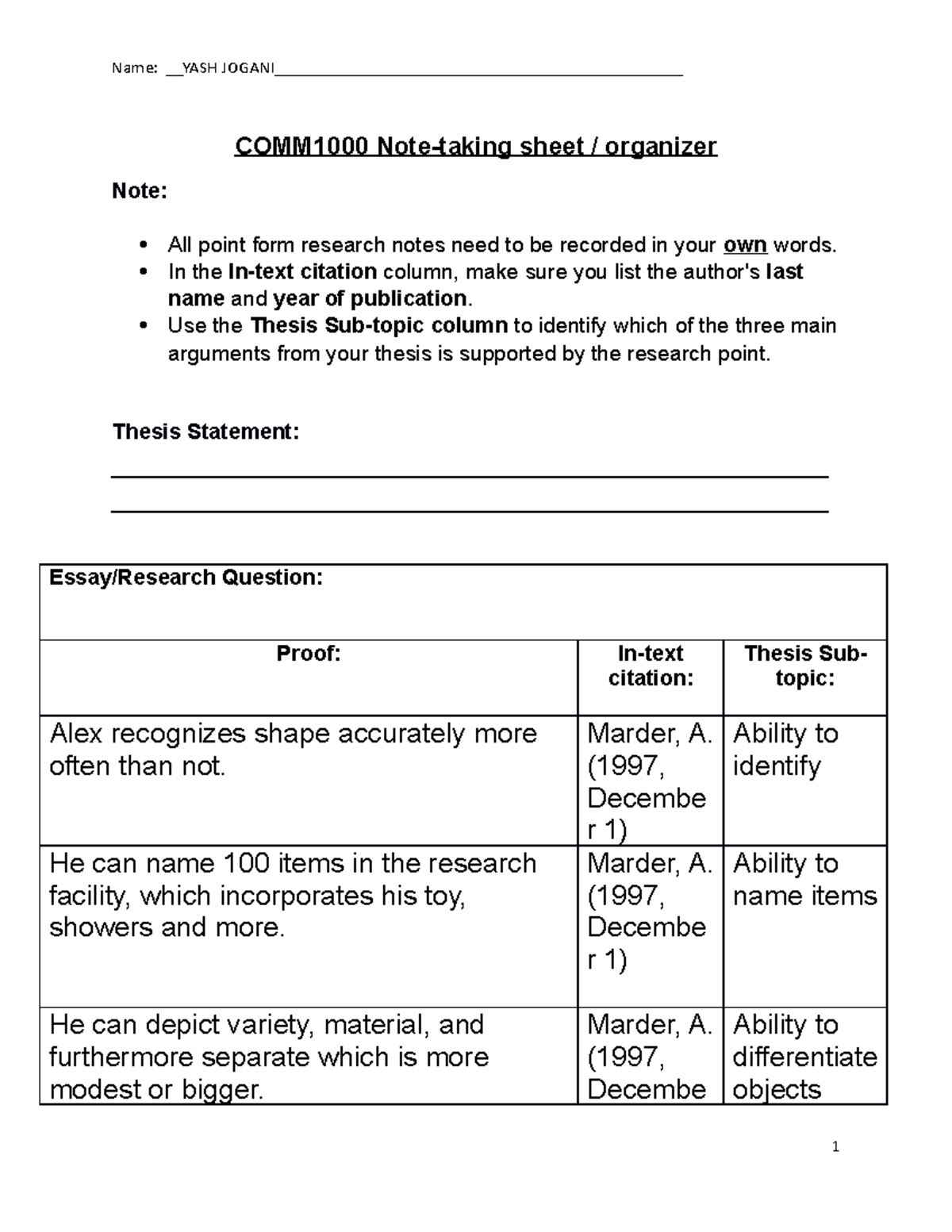 COMM1000 Notes Organizer Name YASH JOGANI