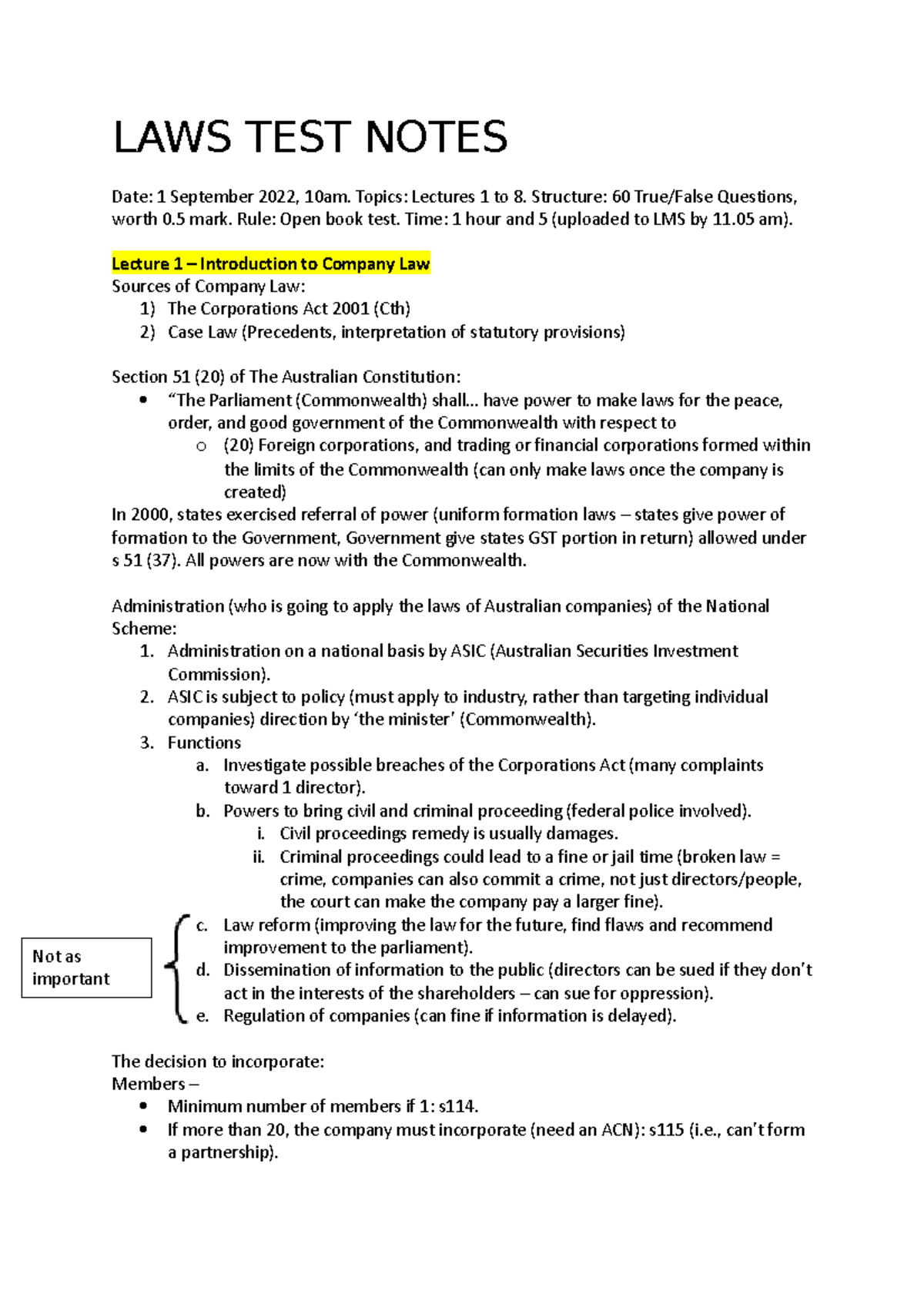 Company Law Test test notes mid sem LAWS TEST NOTES Date 1 September 2022, 10am. Topics