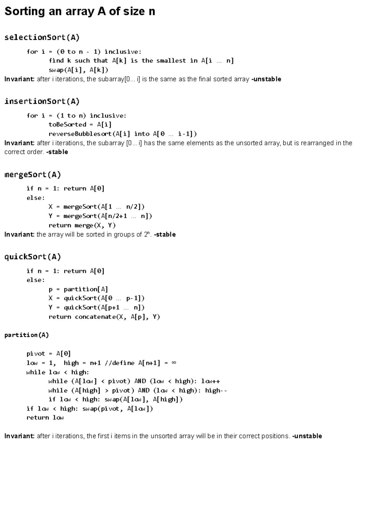 CS2040C cheat sheet - Sorting an array A of size n selectionSort(A) for ...