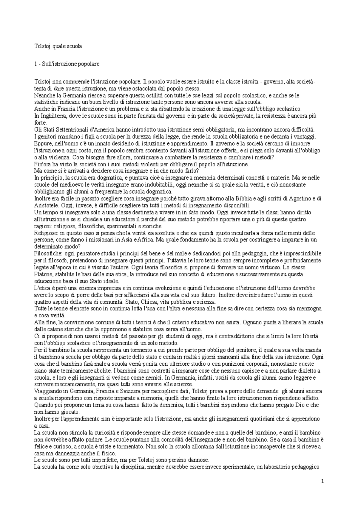 Quale scuola? Lev Tolstoj Tolstoj quale scuola 1 Sull'istruzione