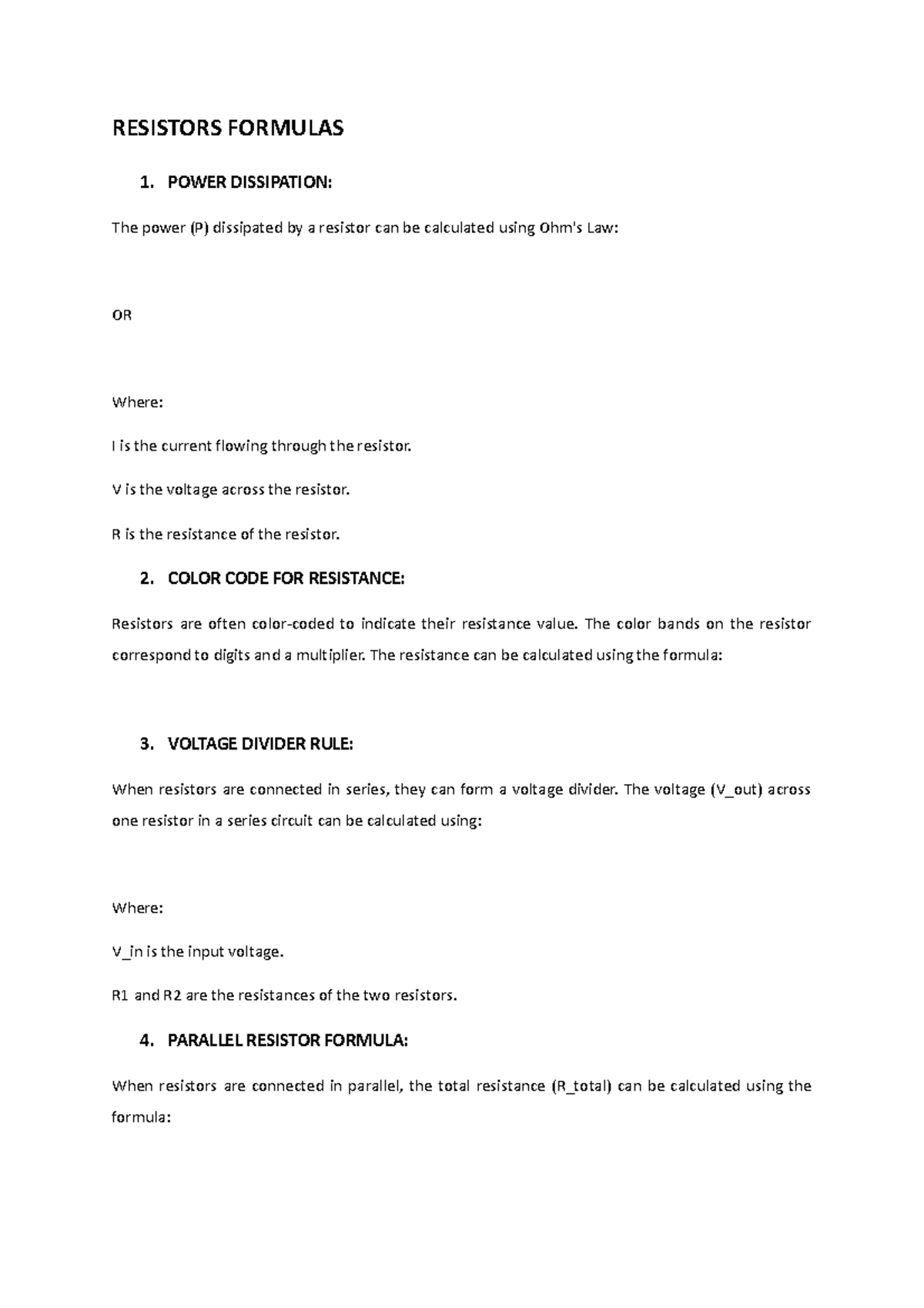 Resistors Formulas BASICS ELECTRICAL ENGINEERING RESISTORS FORMULAS