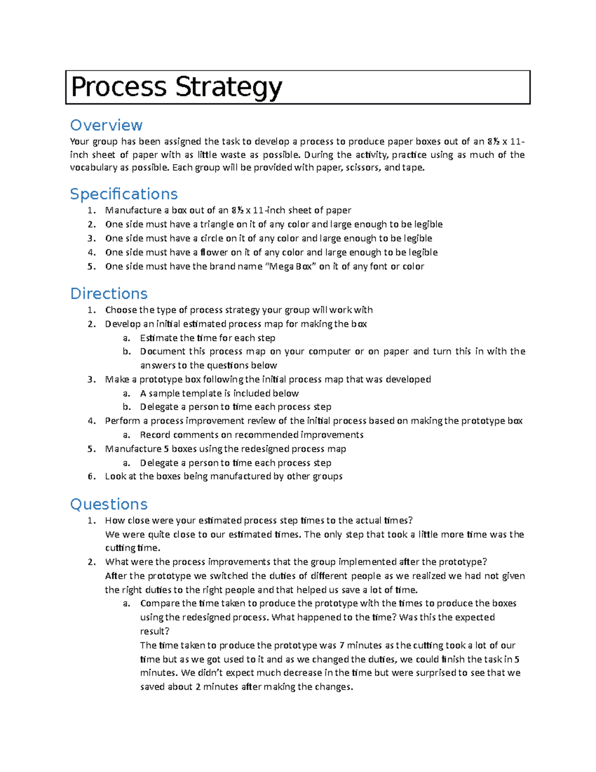 OPIM 3104 - Process Strategy Activity - Process Strategy Overview Your ...