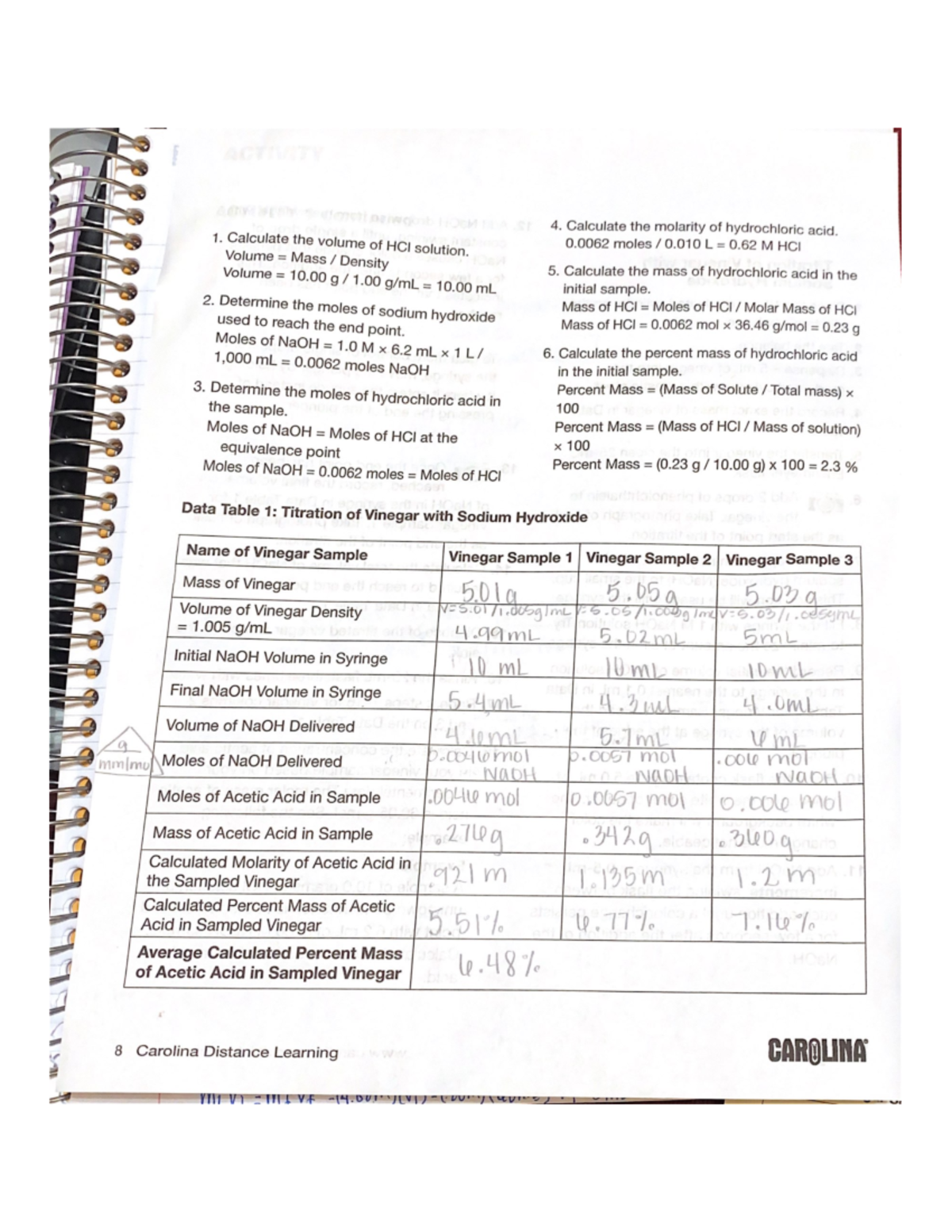 Data table 1 and 2 - help - 4. Calculate the molarity of hydrochloric ...