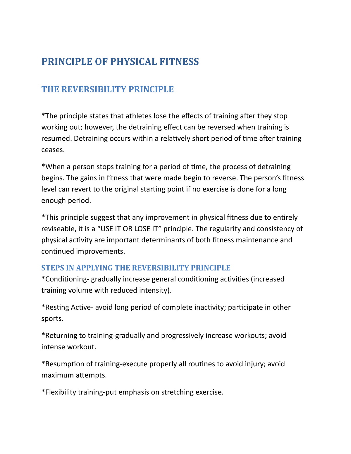 Reversibility Principle in Fitness