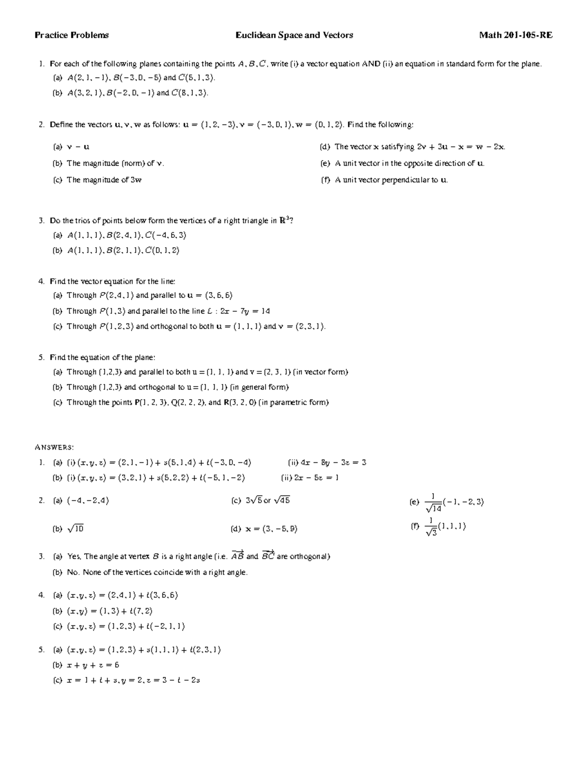 Euclidean and Vectors - Practice Problems Euclidean Space and Vectors ...