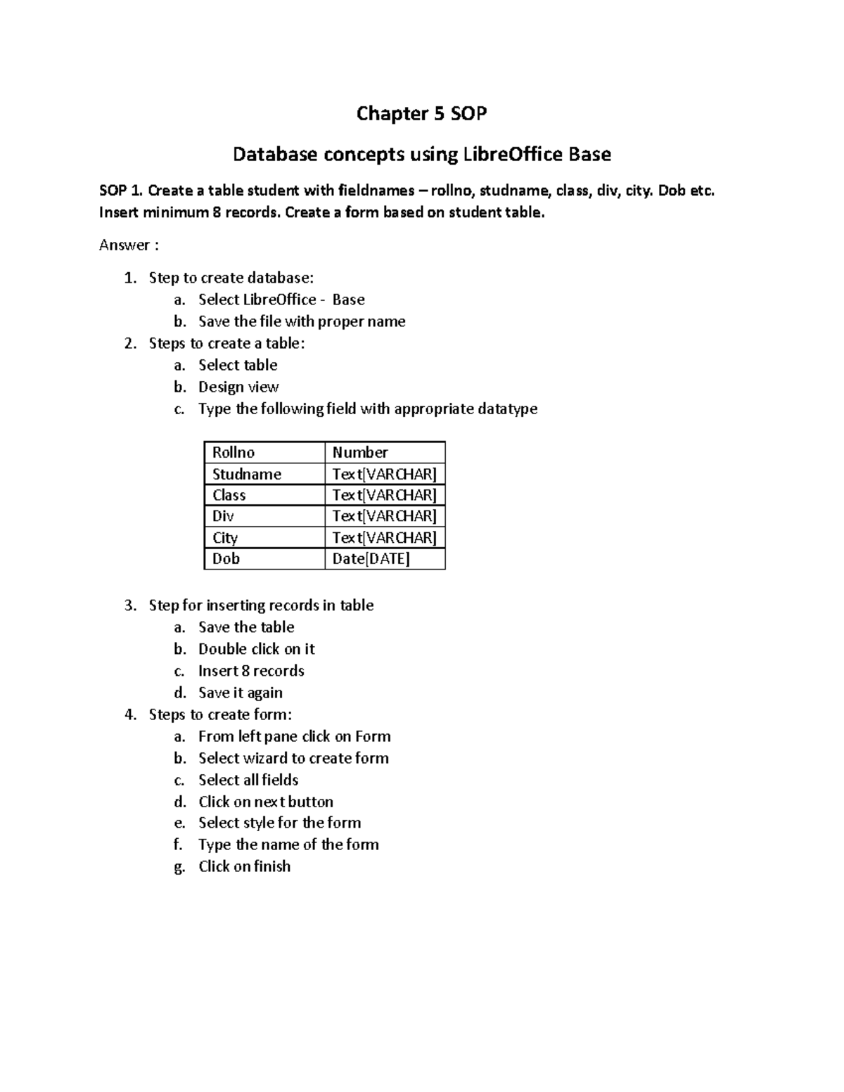 Chapter 5 Database concepts using Libre Office SOP Chapter 5 SOP
