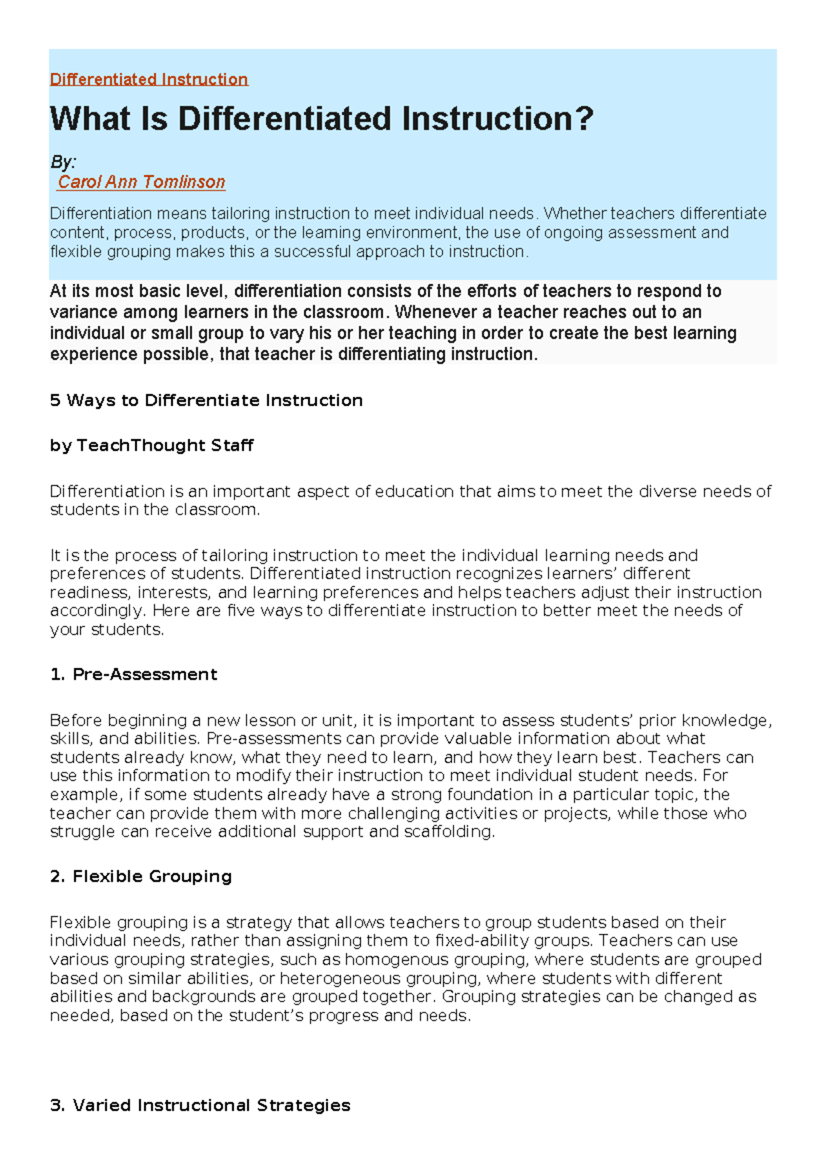 Differentiated Instruction - Whether teachers differentiate content ...