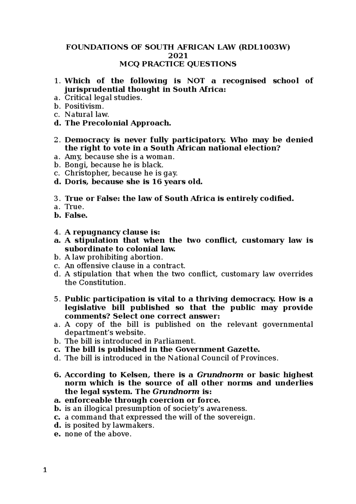 MCQ Practice Questions 2021 FOUNDATIONS OF SOUTH AFRICAN LAW