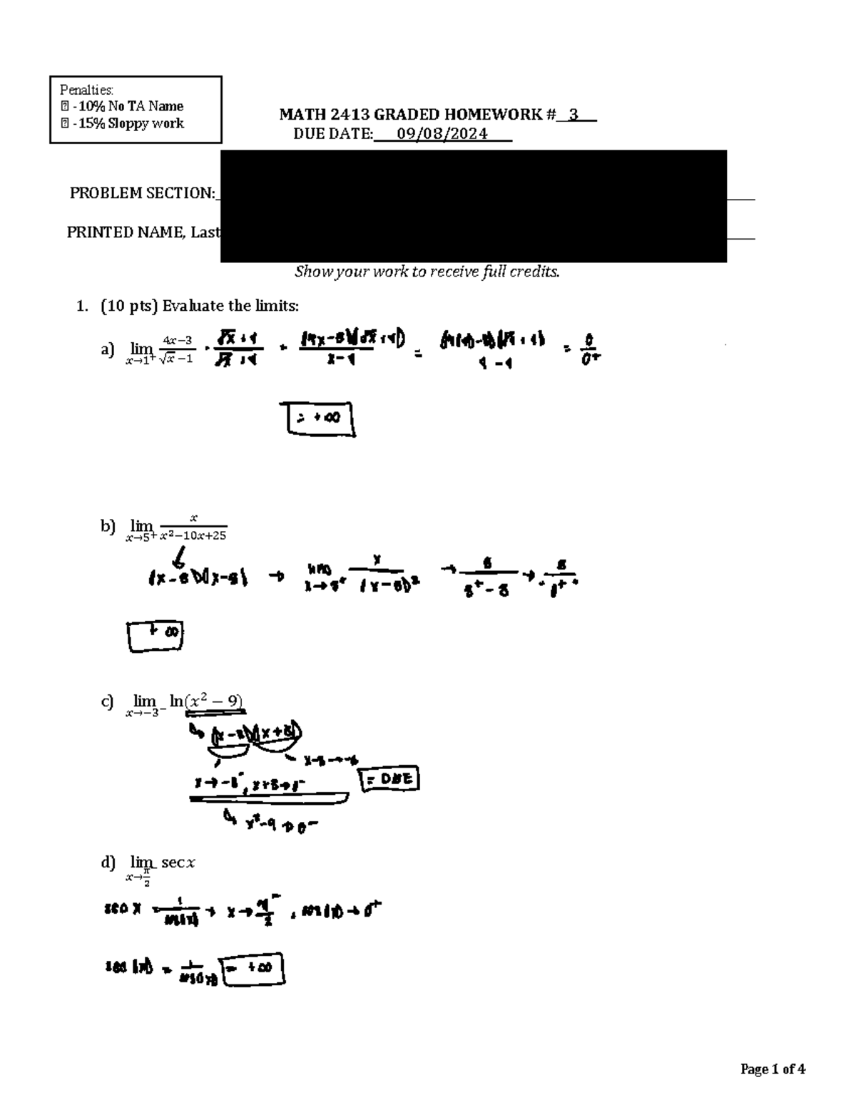GHW #3 - GHW 3 - MATH 2413 GRADED HOMEWORK #__ 3 ___ DUE DATE: 09/ 08 ...