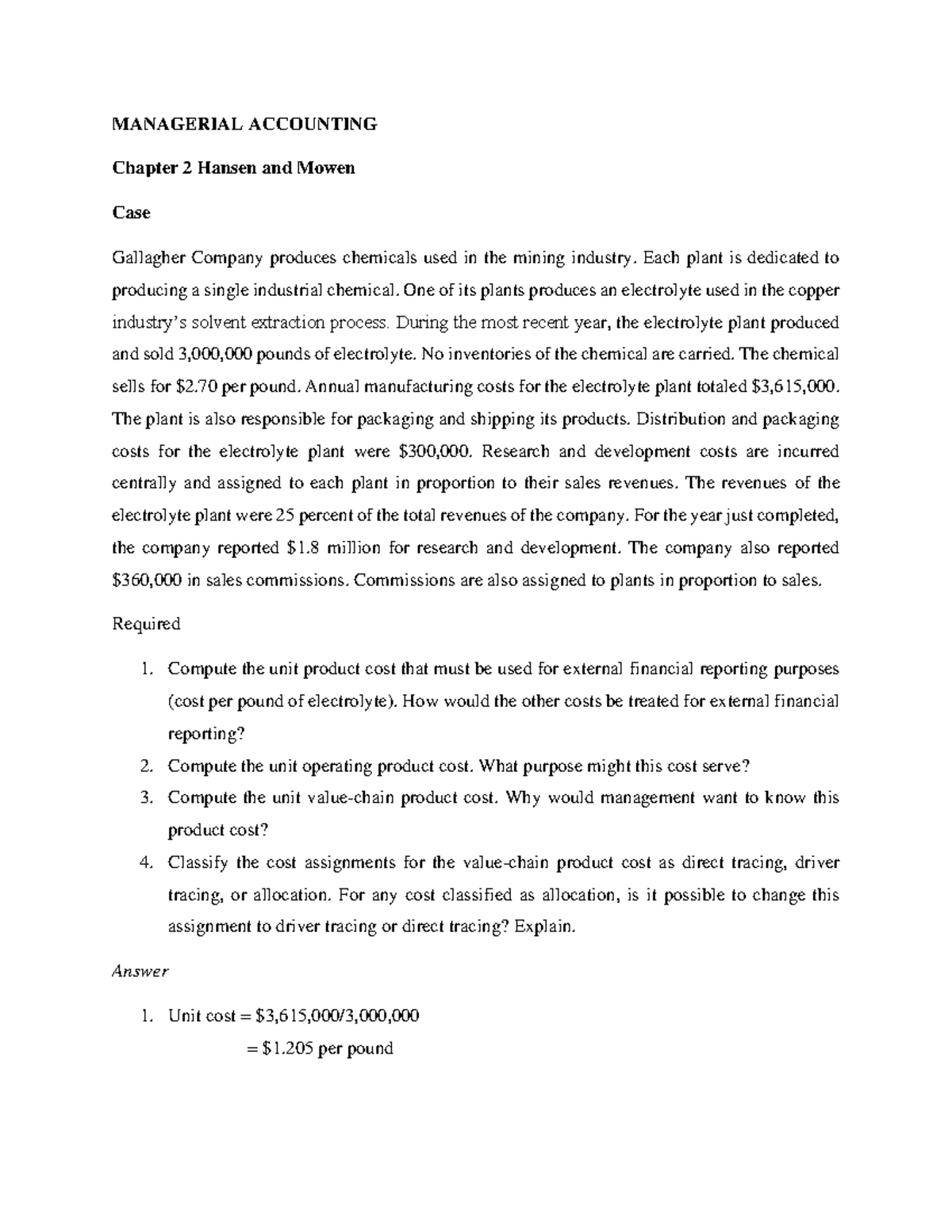 Managerial Accounting Chapter 2 Cost Assignment, Product Cost