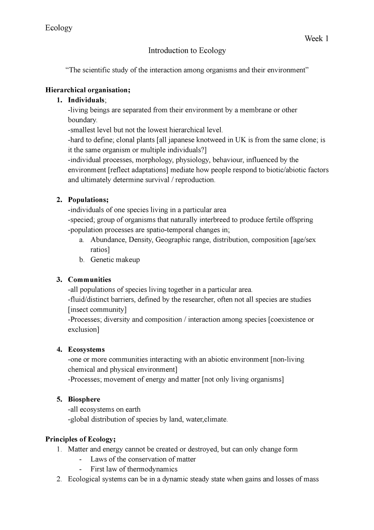 Introduction to Ecology - week 1 - Ecology Week 1 Introduction to ...