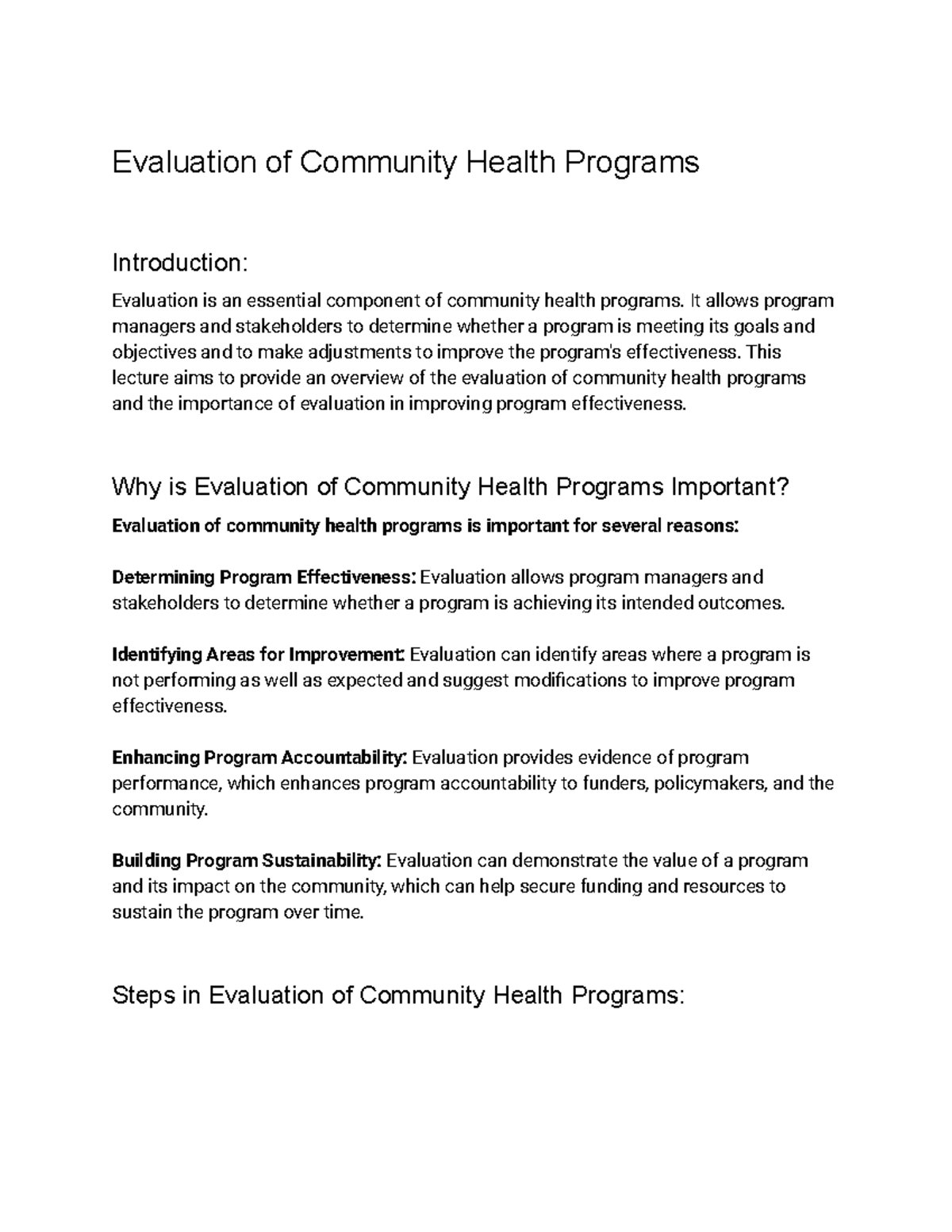 Personal and Community Health (HLE1150) Lecture 33 Evaluation of Community Health Programs