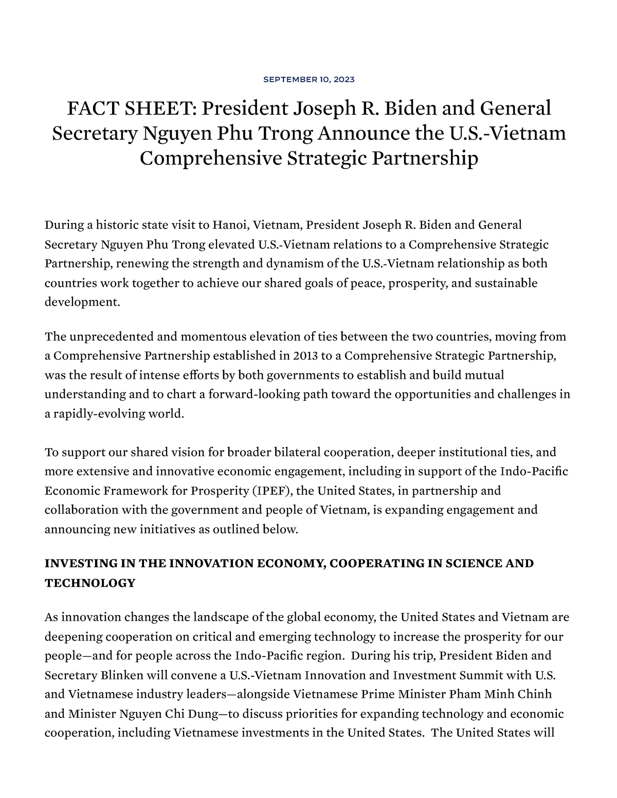 FACT Sheet President Joseph R. Biden And General Secretary Nguyen Phu ...