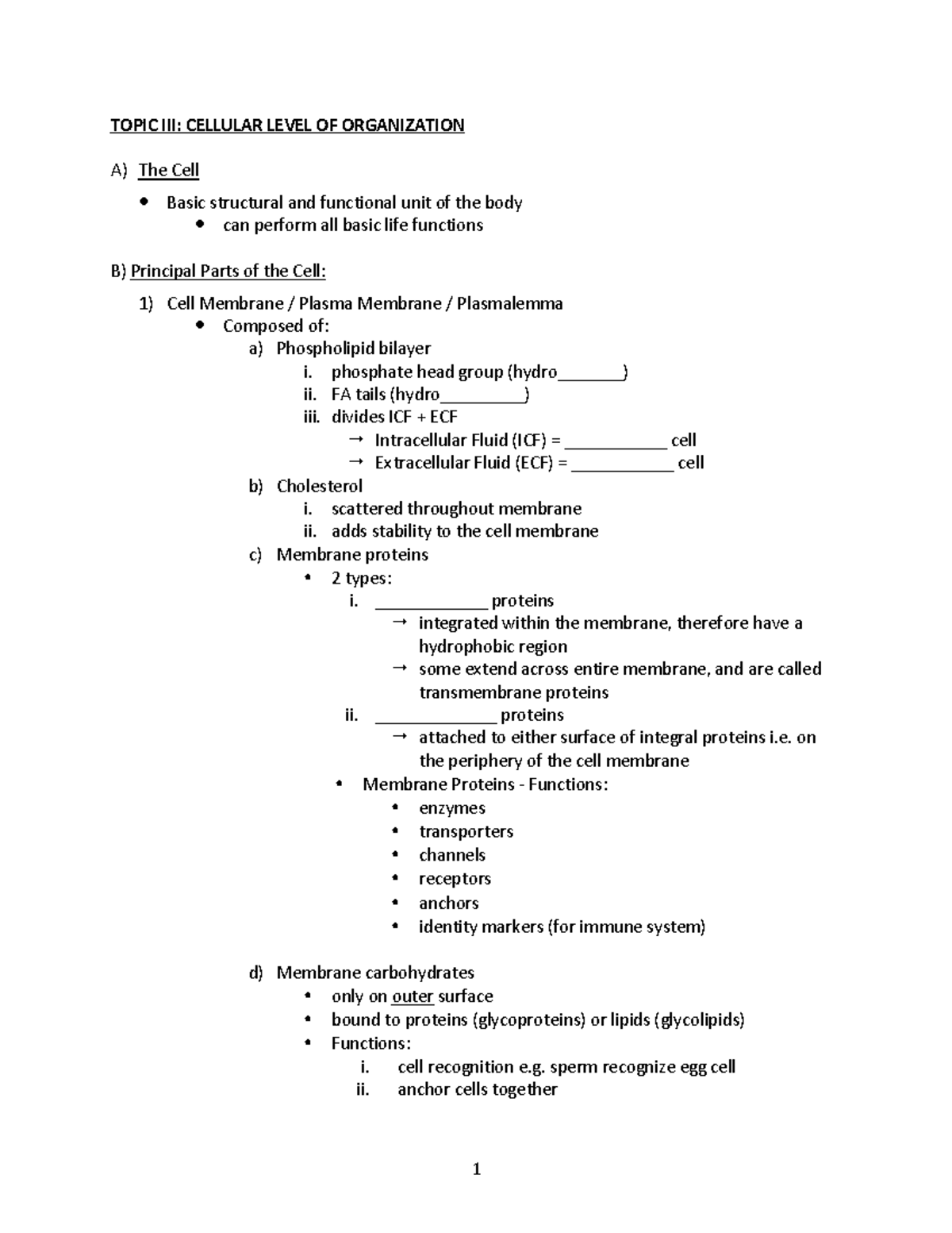 3 - Topic III - Cellular Level OF Organization - TOPIC III: CELLULAR ...