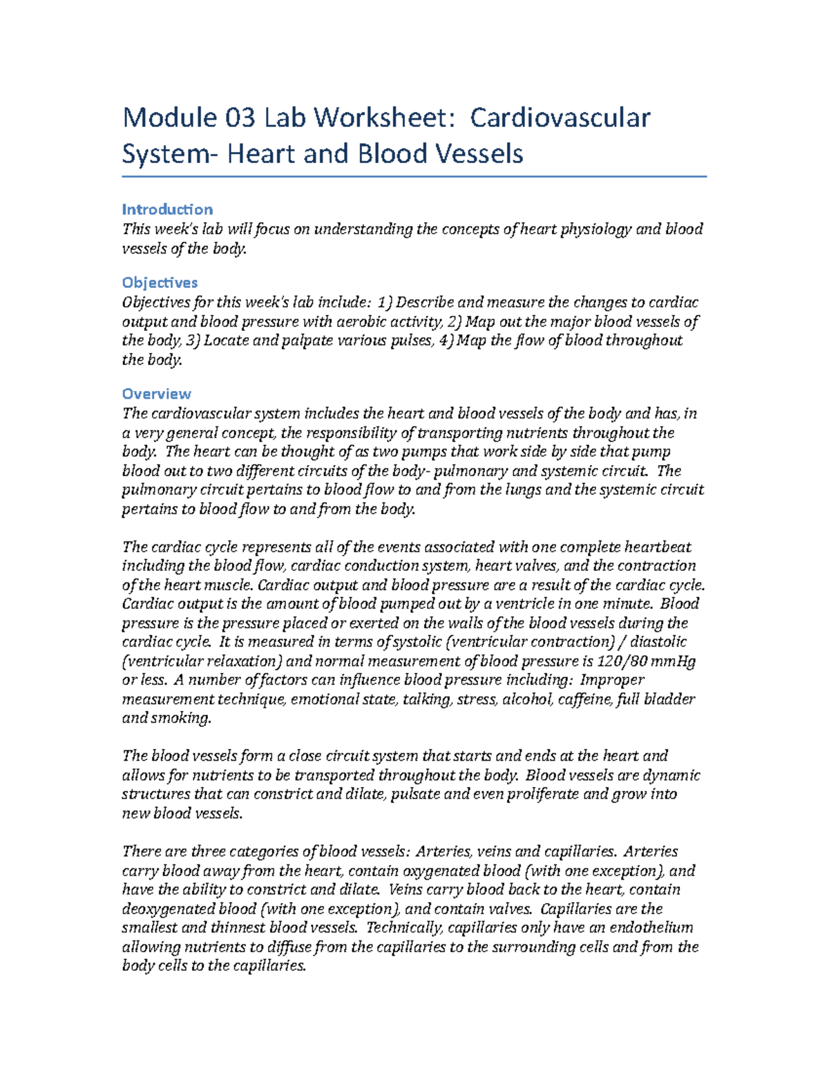Cardiovascular Lab Report Module 03 Lab Worksheet Cardiovascular