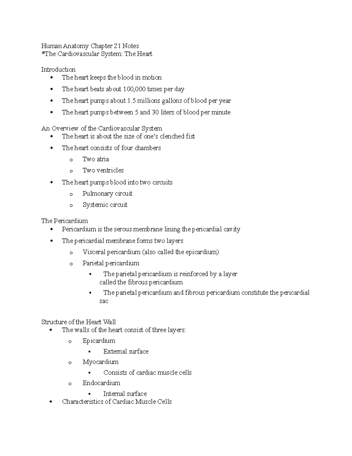 HSC212 Chapter 21 Notes - Human Anatomy Chapter 21 Notes *The ...