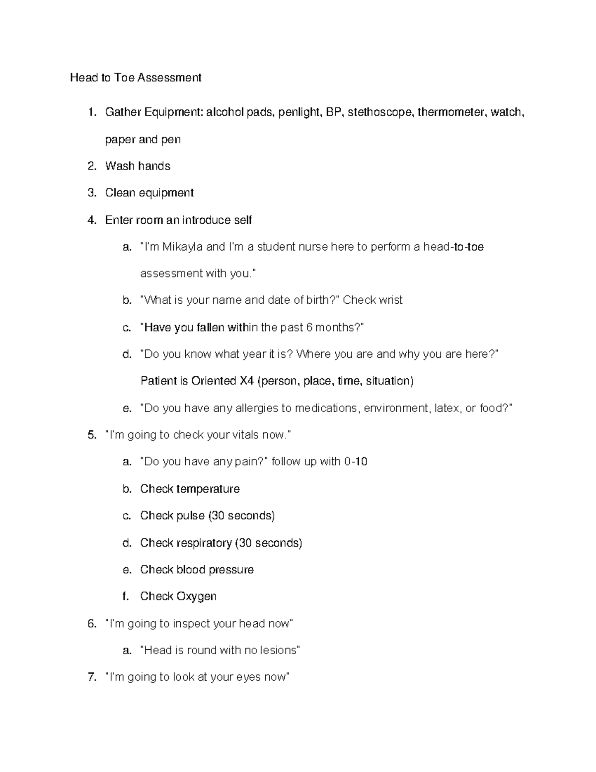 H to T Script Head to Toe Assessment Gather Equipment alcohol pads