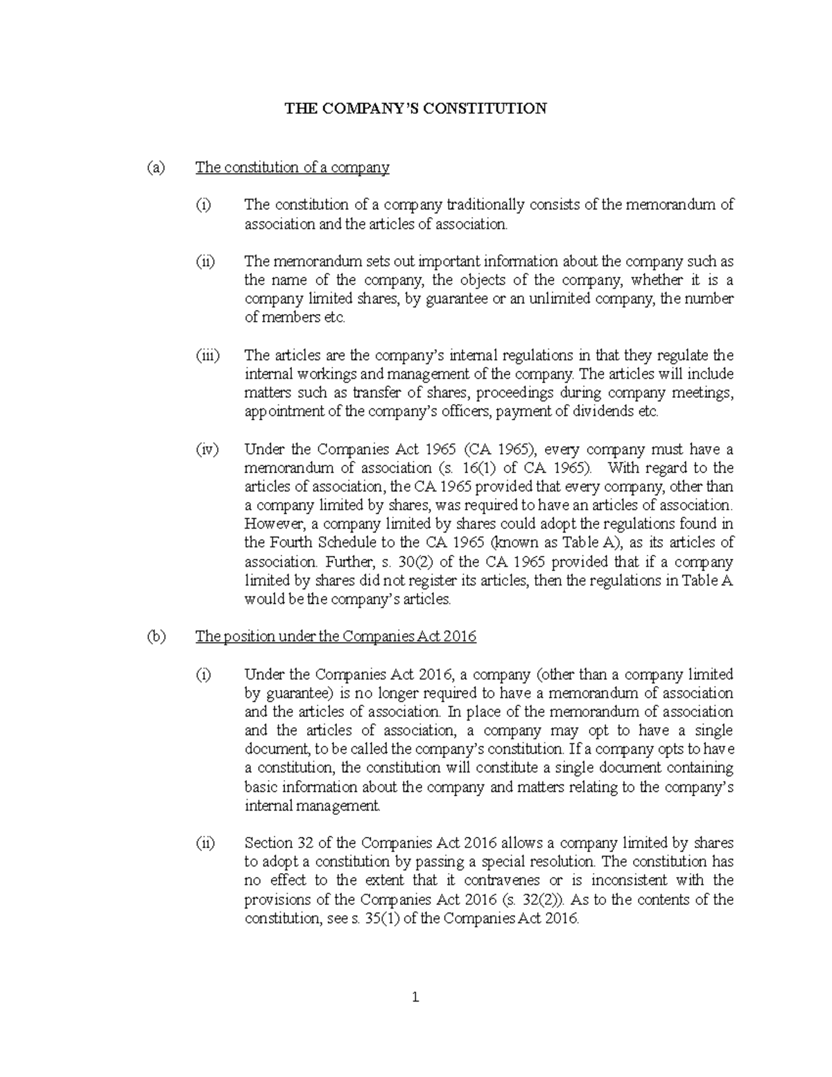 Topic 4 Companys Constitution THE COMPANY’S CONSTITUTION (a) The