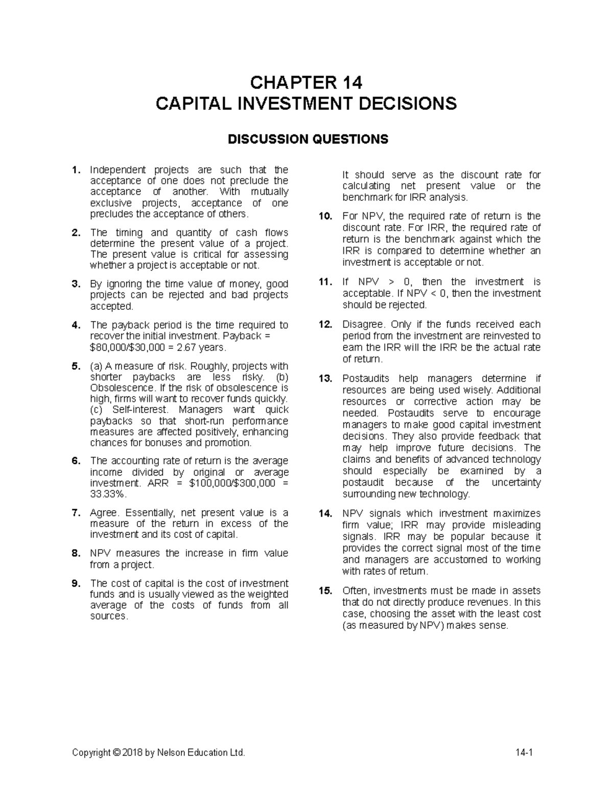 Chapter 14 - CHAPTER 14 CAPITAL INVESTMENT DECISIONS DISCUSSION ...