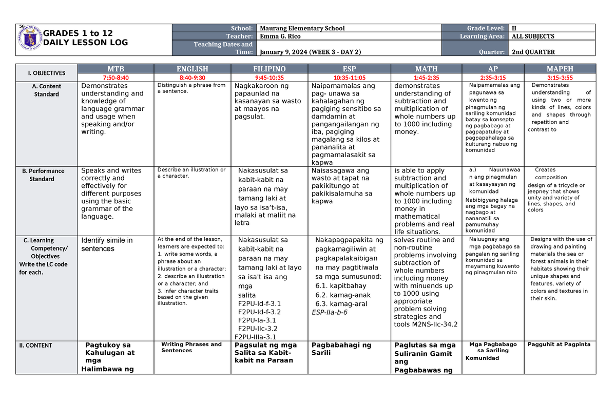 Dll All Subjects 2 Q2 W3 D2 56 Grades 1 To 12 Daily Lesson Log School Maurang 9028