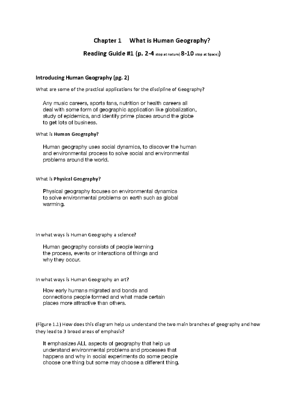 Geography Reading Guide Chapter 1 What is Human Geography? Reading
