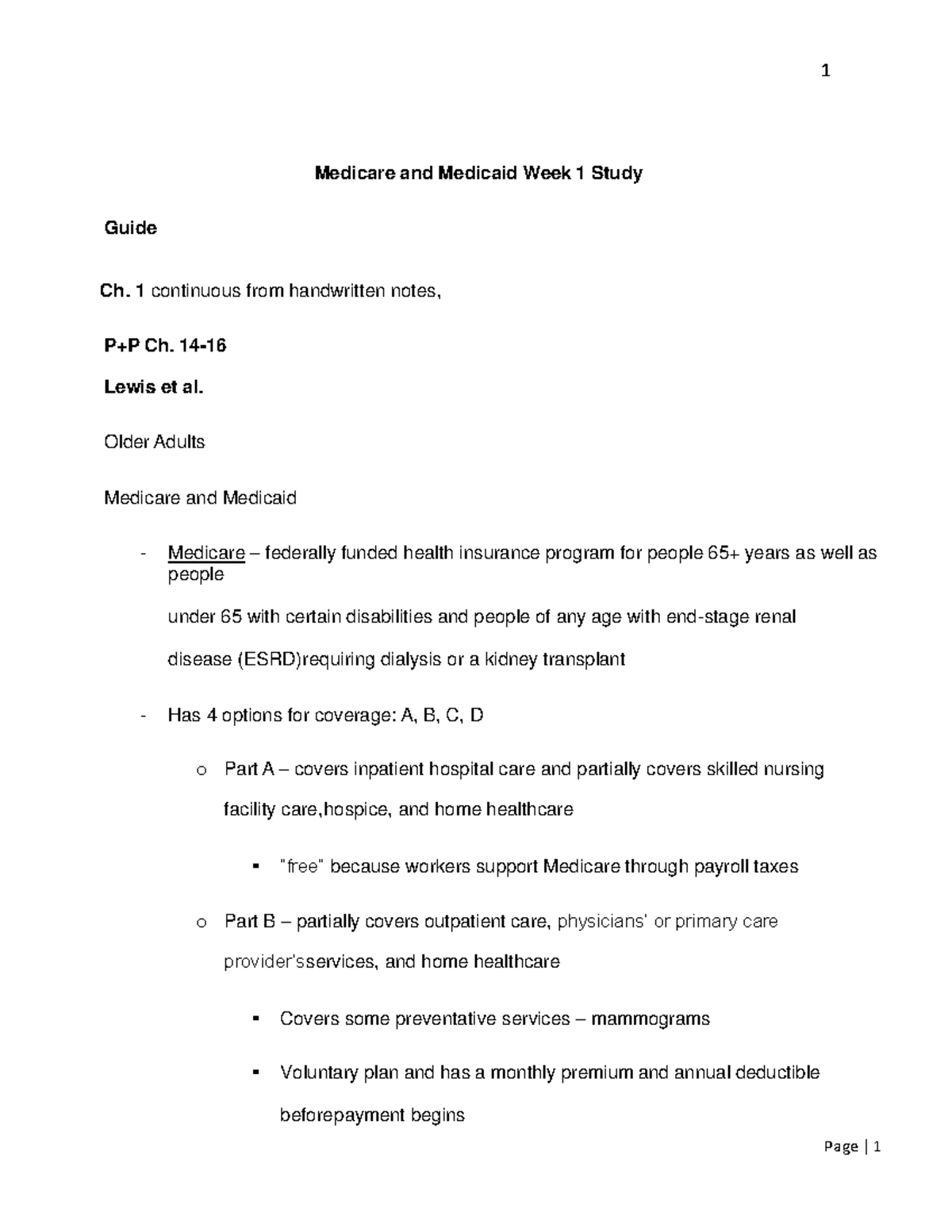 Medicare and Medicaid Week 1 Study Guide - 1 continuous from ...