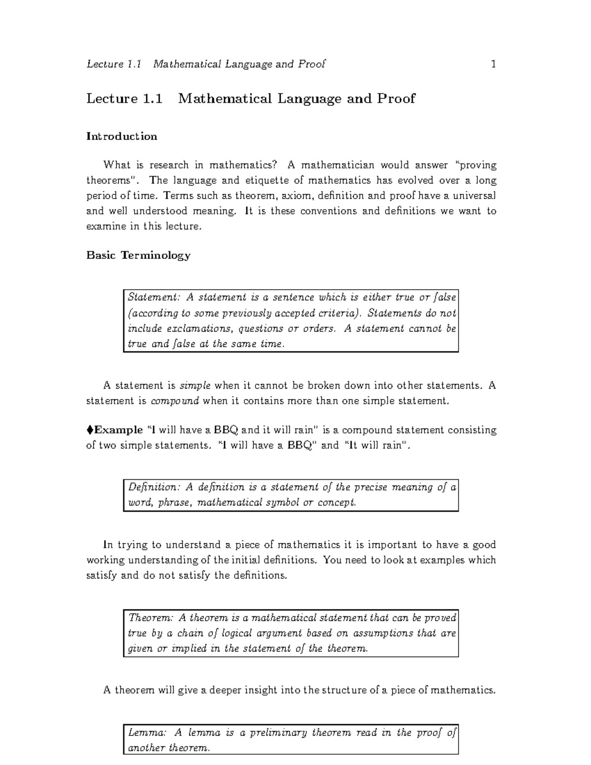 MATH101 Lecture Notes 2015 - Lecture 1 Mathematical Language and Proof ...