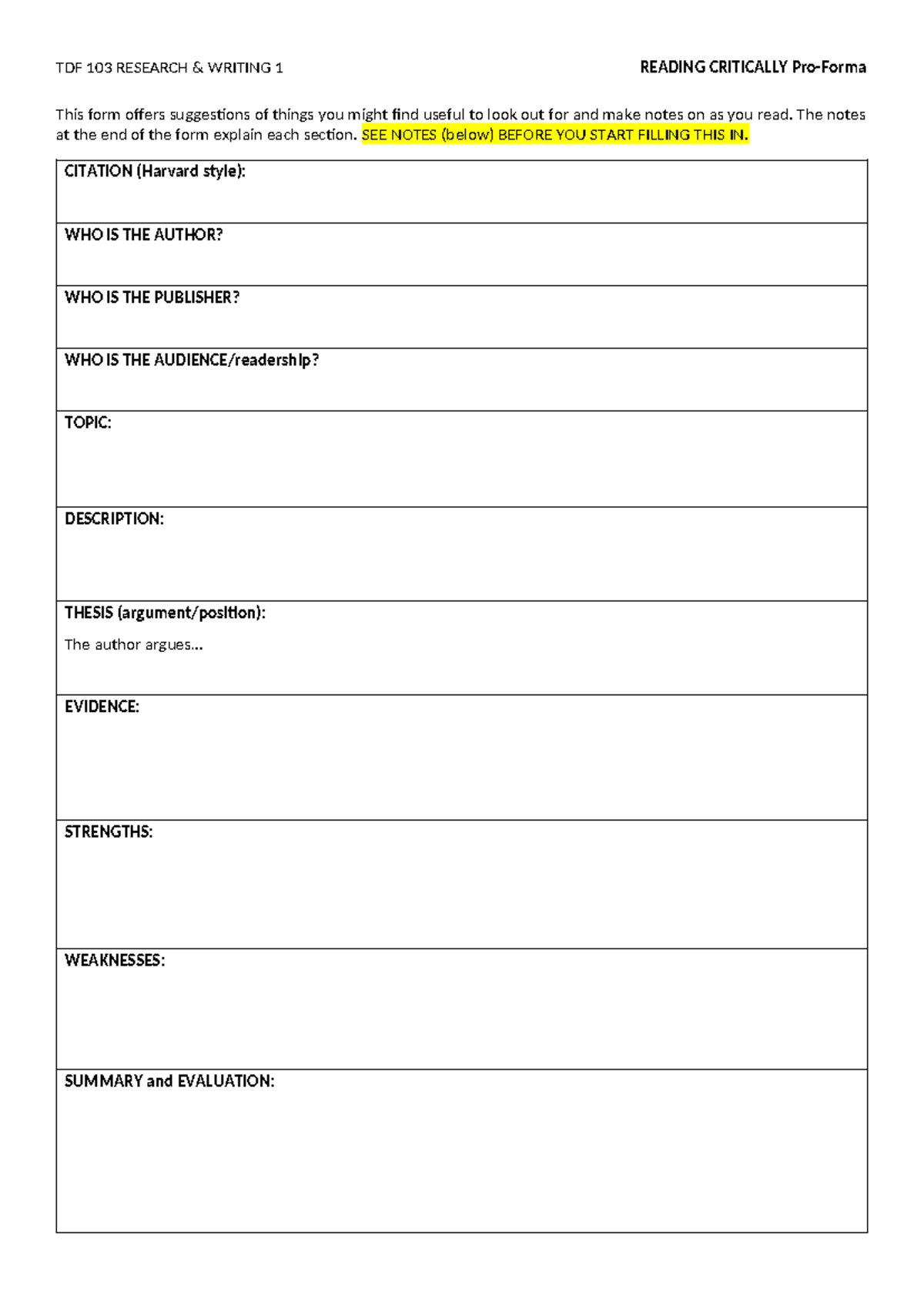 Coursework 1 Literature Review - Reading Critically pro forma(1) - TDF ...