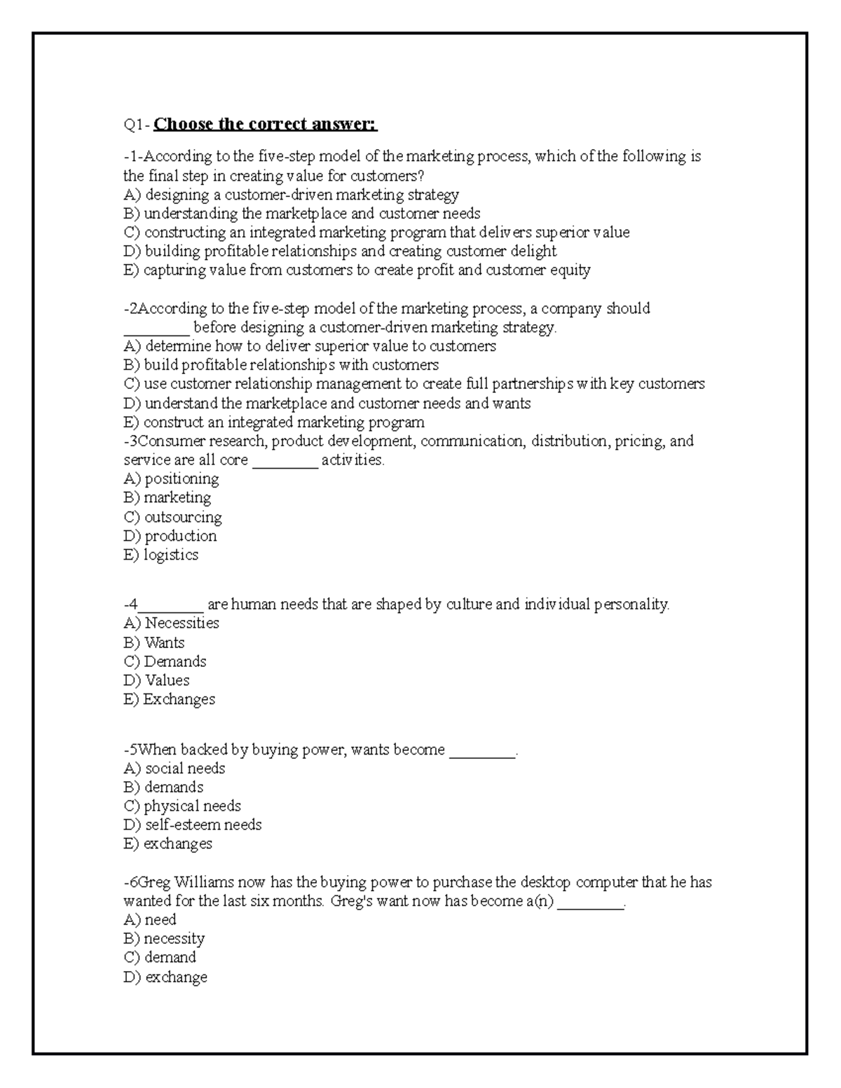 Marketing Ch 1 Questions Principles of Marketing Chapter 1 - Q1- Choose ...