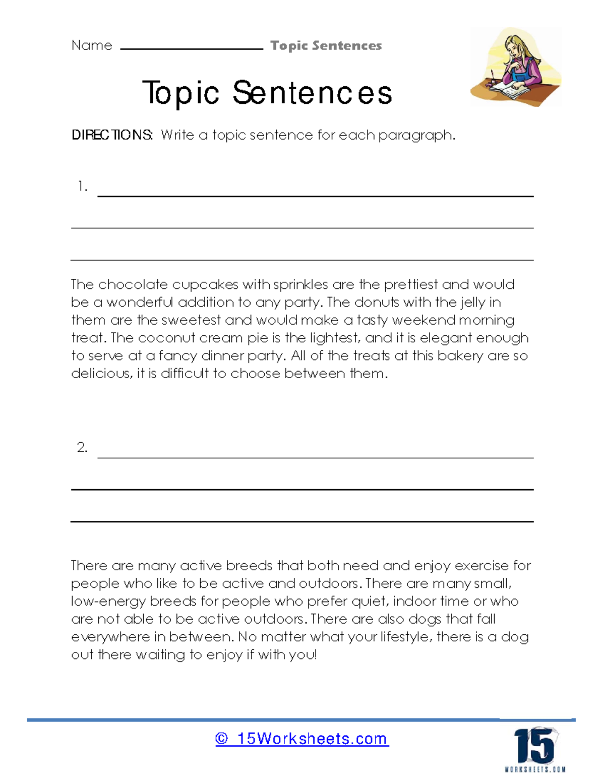 Topic sentences - Name Topic Sentences © 15Worksheets Topic Sentences ...