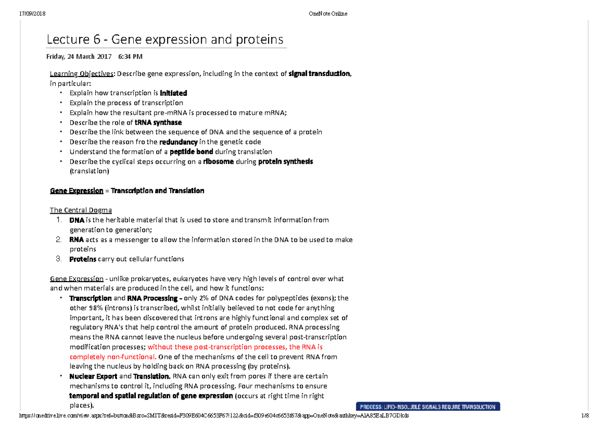 Lecture 6 - OneNote Online Lecture 6 Gene expression and proteins ...