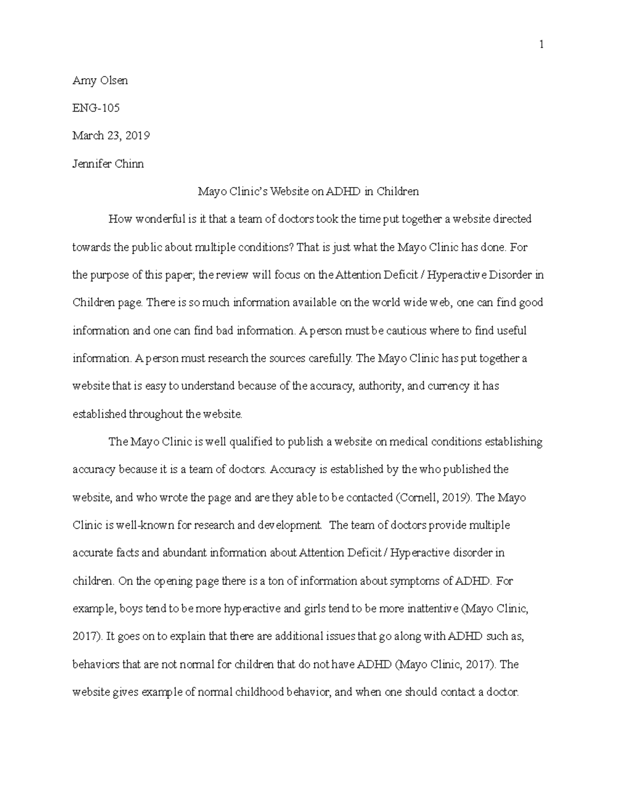 Mayo Clinic and ADHD Grade A+ Amy Olsen ENG March 23, 2019