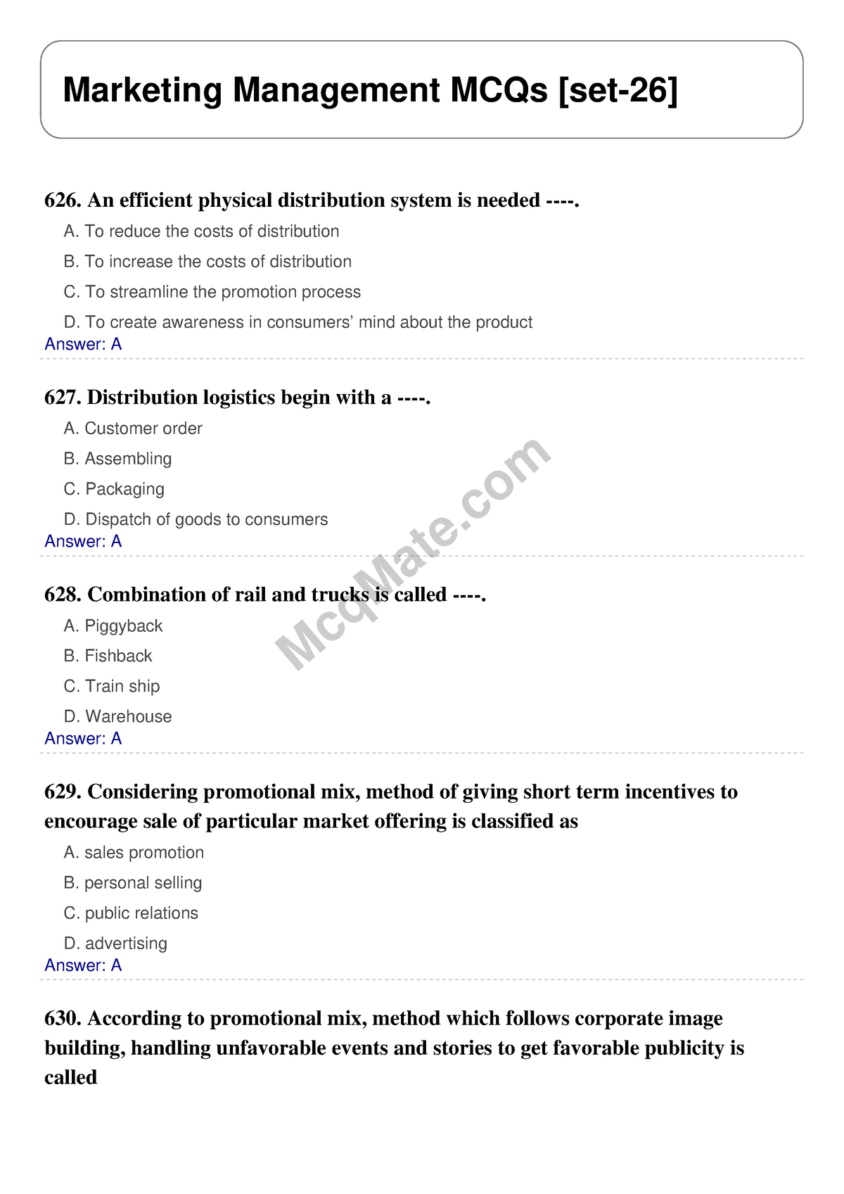 Marketing-management-set-26 Mcqmate - McqMate Marketing Management MCQs ...