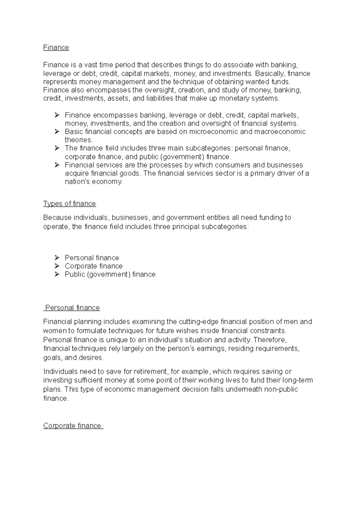 Finance - Finance Finance is a vast time period that describes things ...