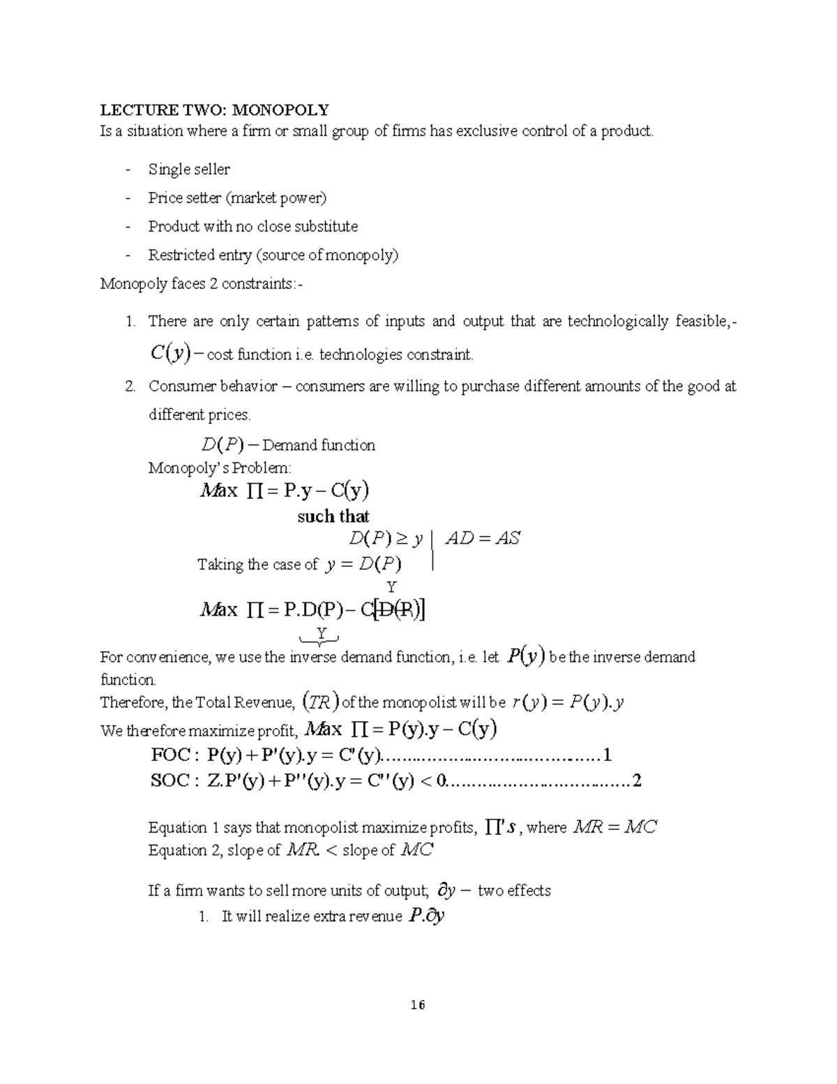 Lecture TWO - Microeconomics 4 - LECTURE TWO: MONOPOLY Is A Situation ...