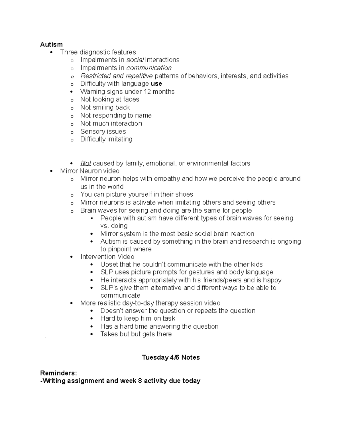 Autism Notes Comm - Autism Three diagnostic features o Impairments in ...