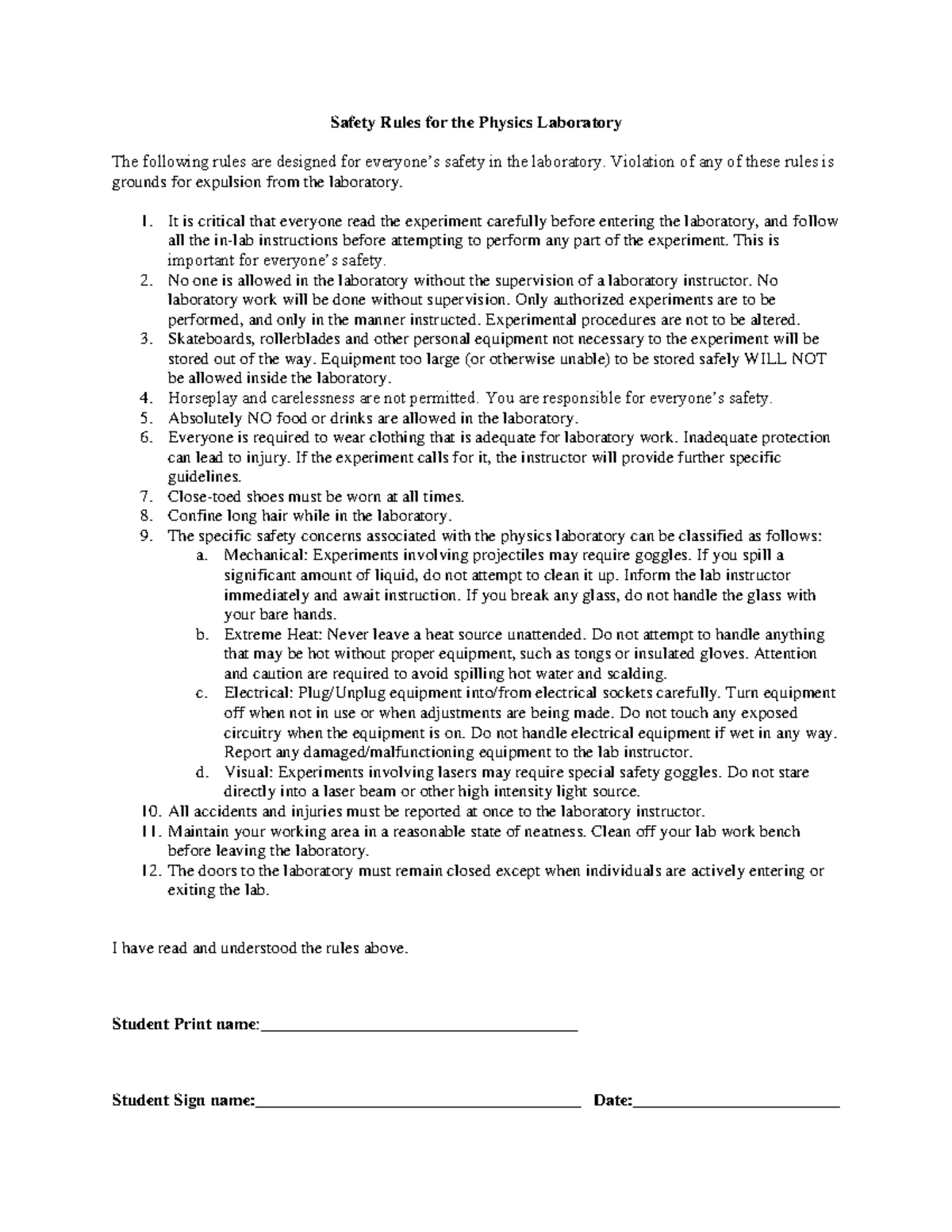 Lab safety form thst Safety Rules for the Physics Laboratory The