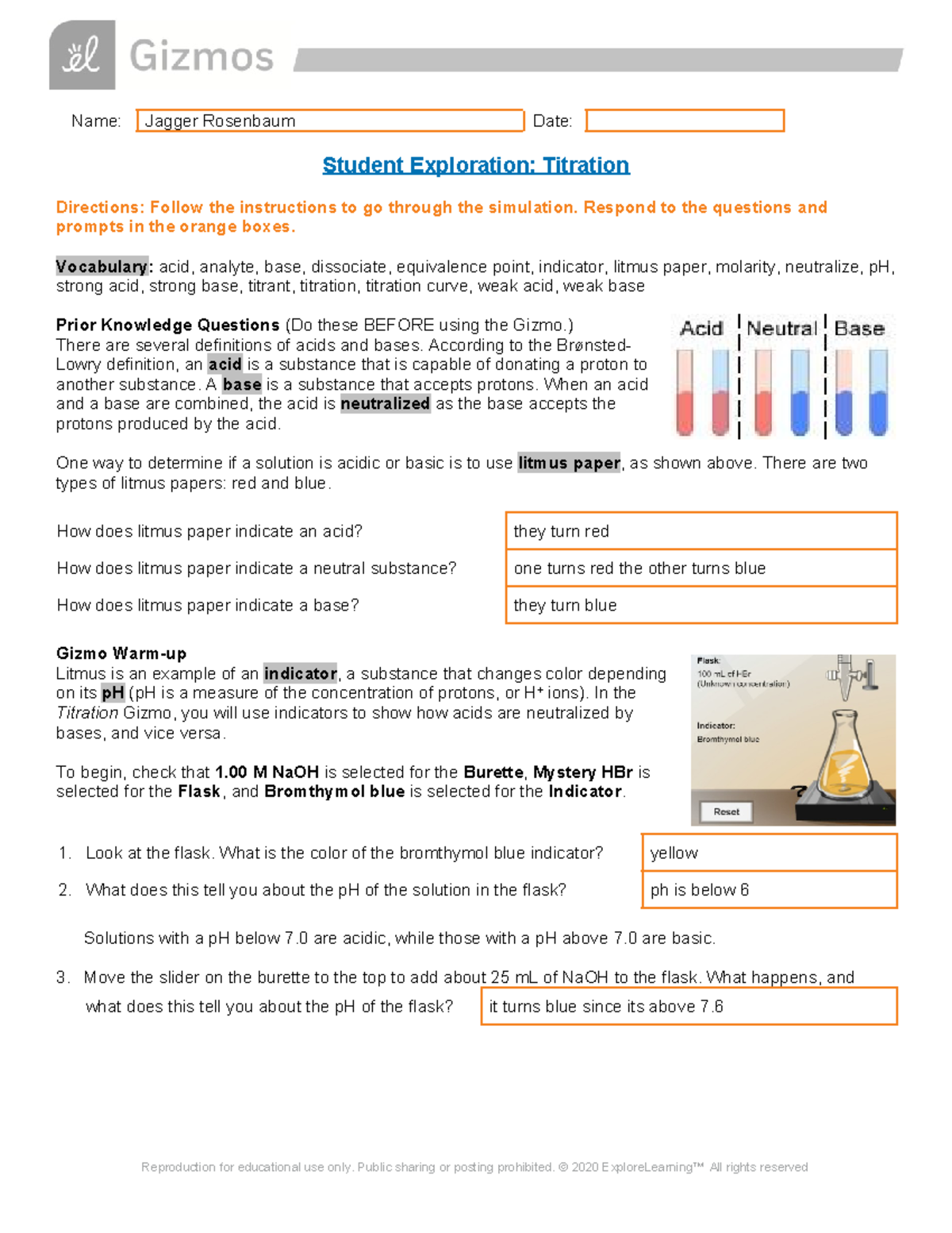 Titration gizmo Name Jagger Rosenbaum Date Student Exploration