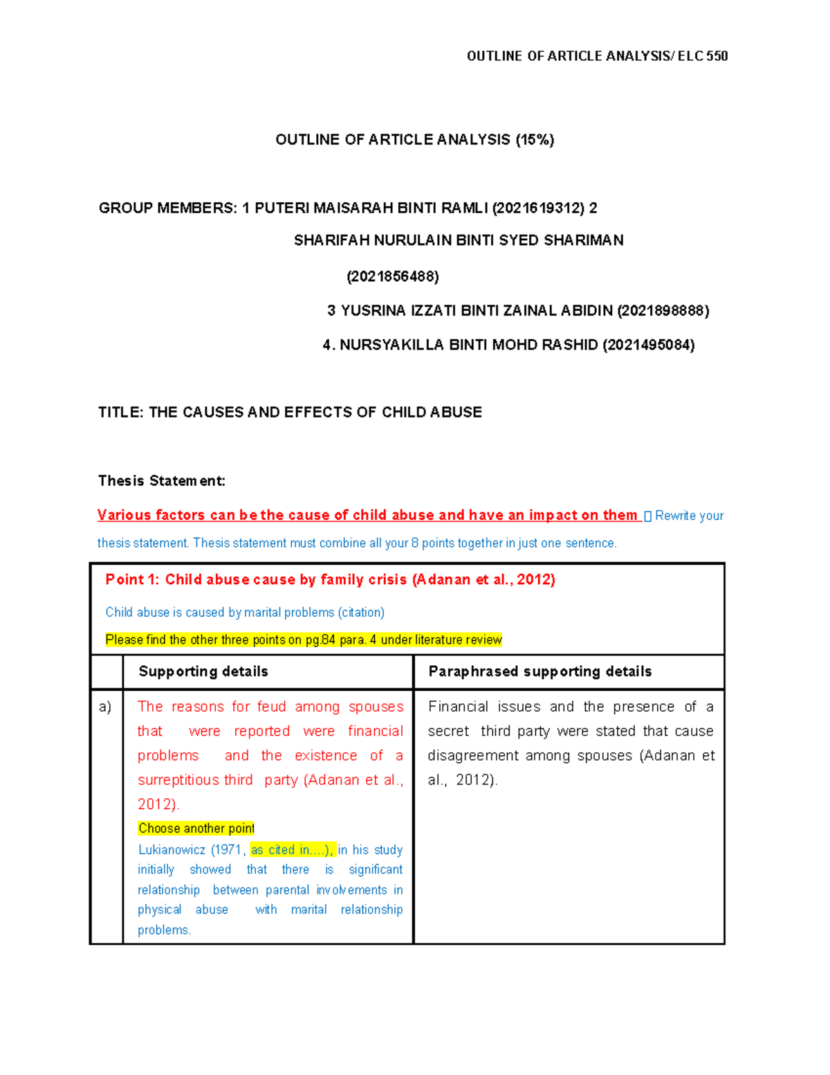 04 Child Abuse edited OUTLINE OF ARTICLE ANALYSIS ELC 550 OUTLINE OF ARTICLE ANALYSIS 15 