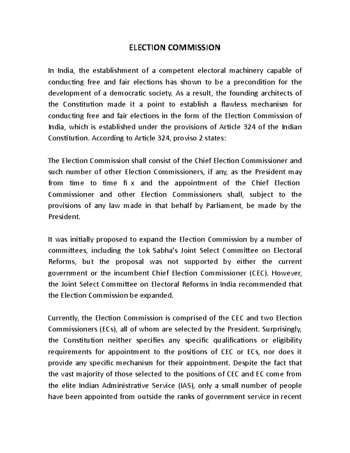 Election Commission - Lecture notes 1 - Government and Politics in ...
