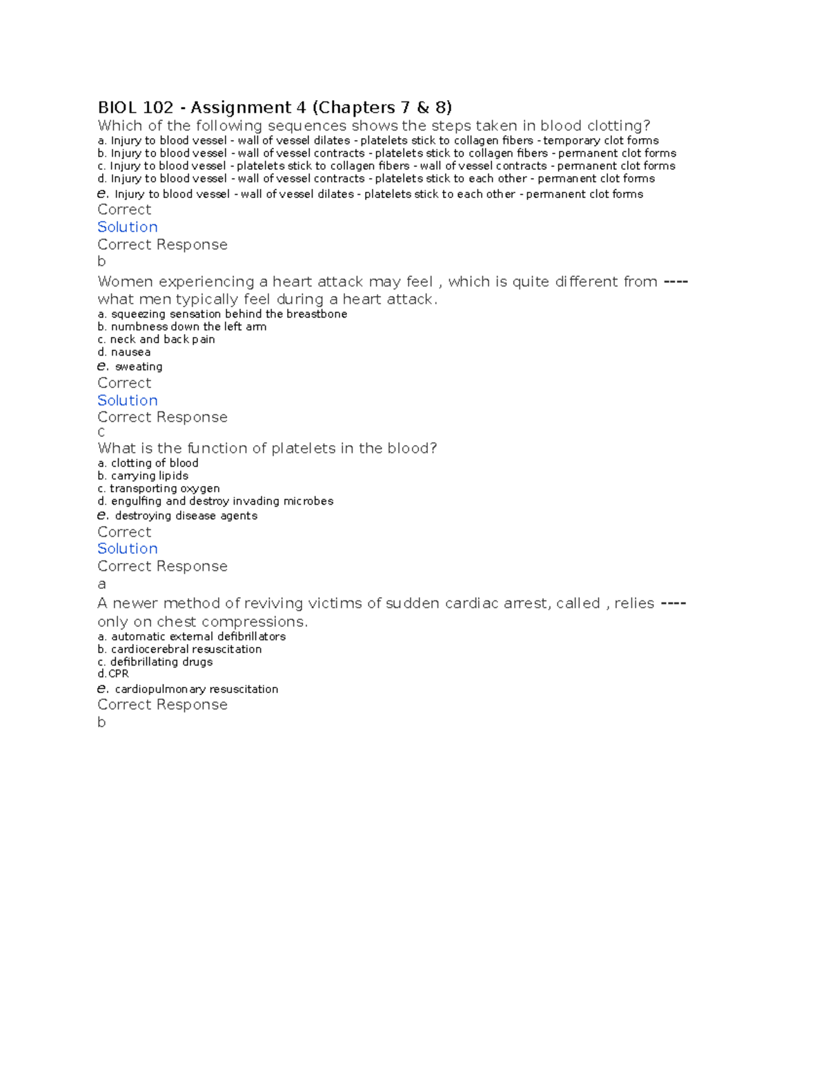 BIOL 102 Test questions and answers BIOL 102 Assignment 4