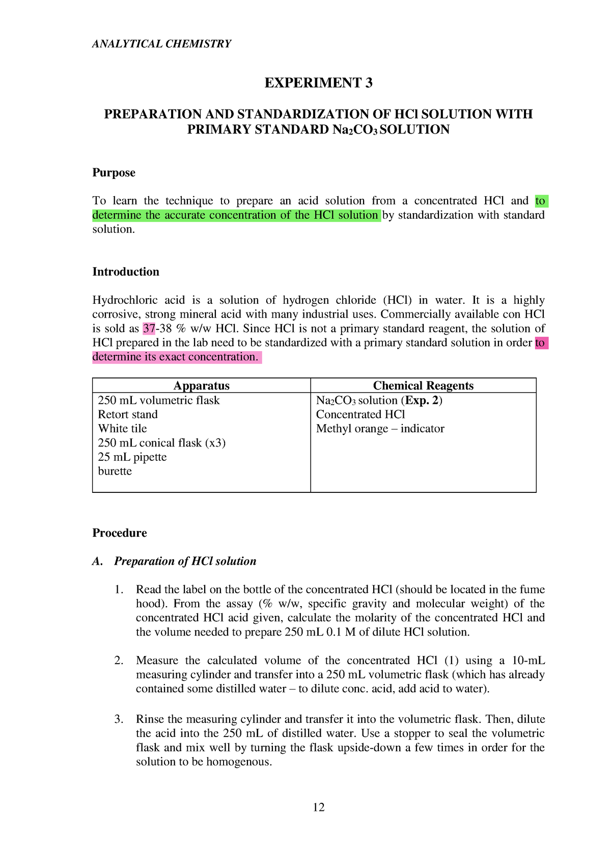 CHM256 Laboratory Manual - EXPERIMENT 3 PREPARATION AND STANDARDIZATION ...