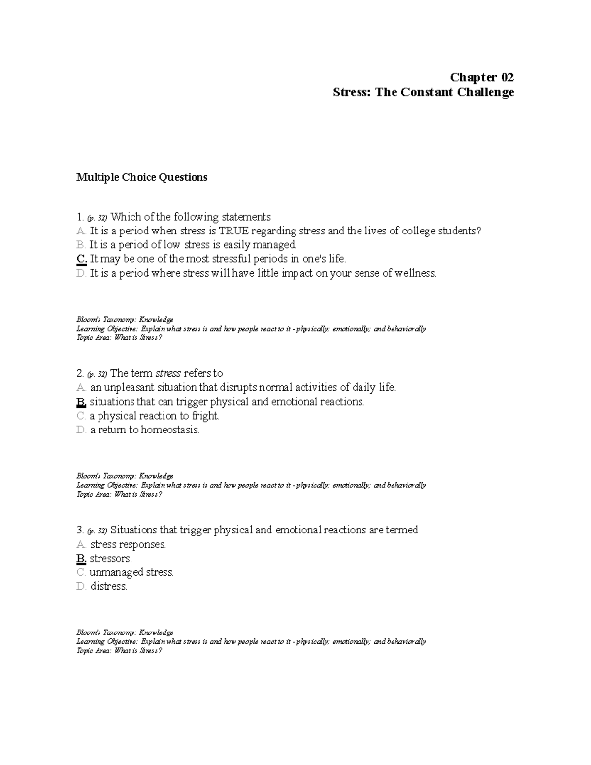 Stress Aaaaa Chapter Stress The Constant Challenge Multiple Choice Questions P