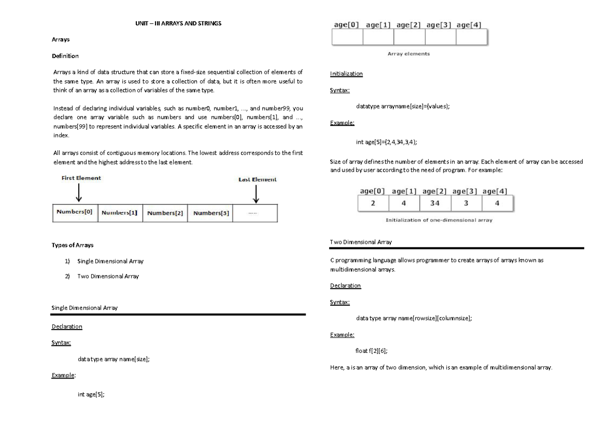 From Exp 13 Theory - UNIT – III ARRAYS AND STRINGS Arrays Definition ...