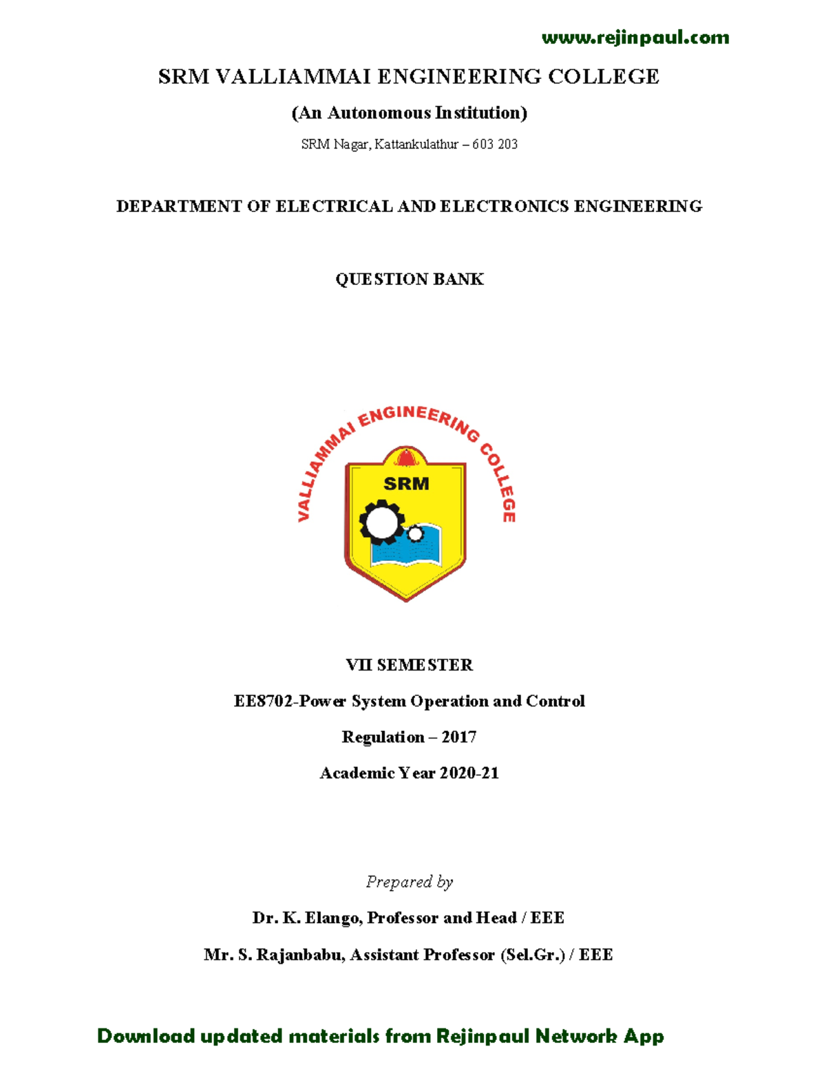 EE8702Power System Operation and Control SRM VALLIAMMAI ENGINEERING