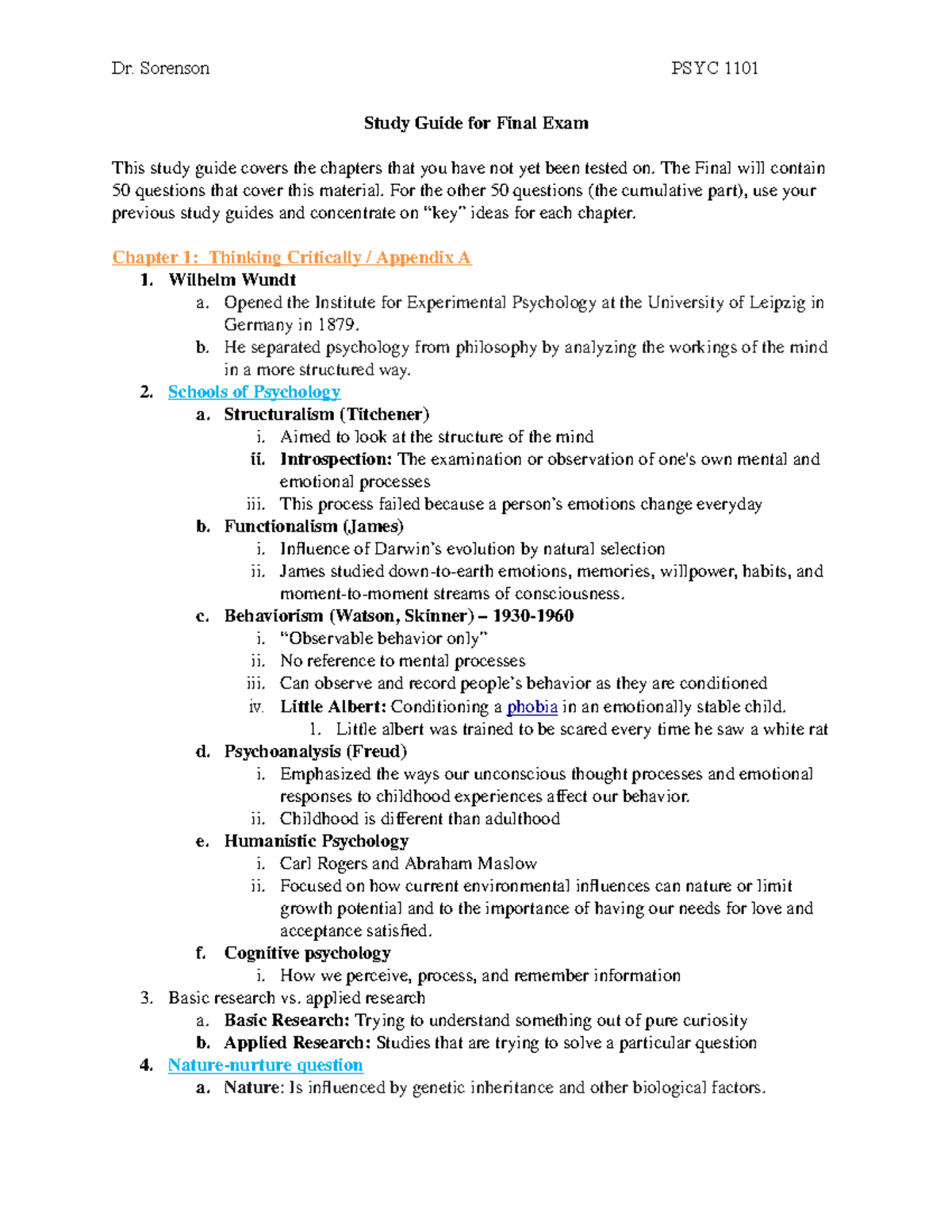 Study Guide For Dr Sorenson'S Psych 1101 Final Exam - Dr. Sorenson PSYC ...