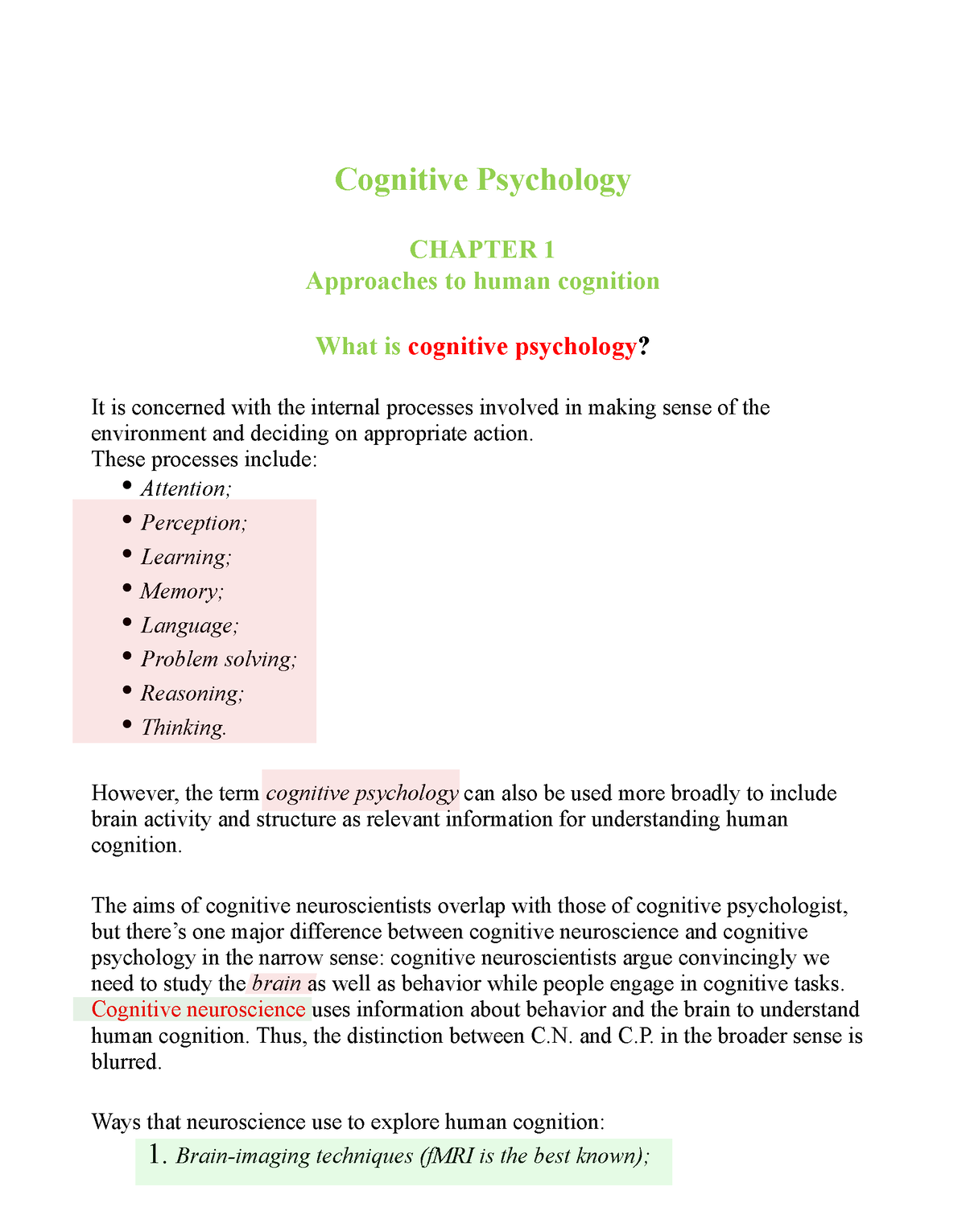 Chapter 1 (SUM) - Cognitive Psychology CHAPTER 1 Approaches to human ...