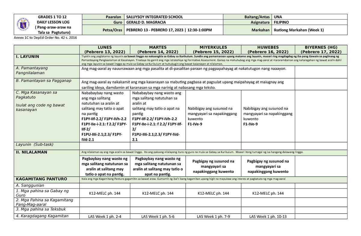 DLL Q3 Filipino WEEK1 - Dll - GRADES 1 TO 12 DAILY LESSON LOG ( Pang ...