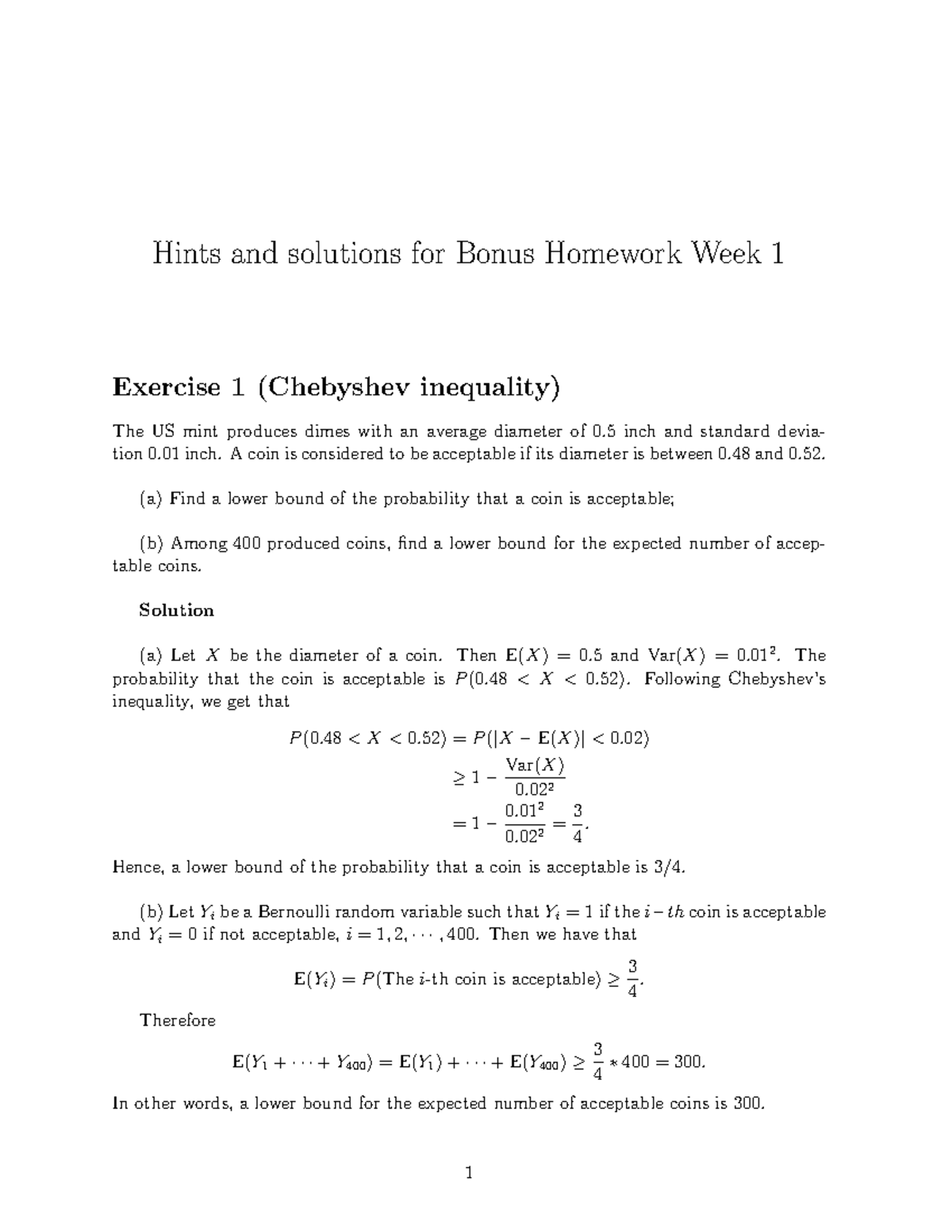 Solutions Bonus Homework 1 Hints And Solutions For Bonus Homework Week 1 Exercise 1 Cheshev Studeersnel